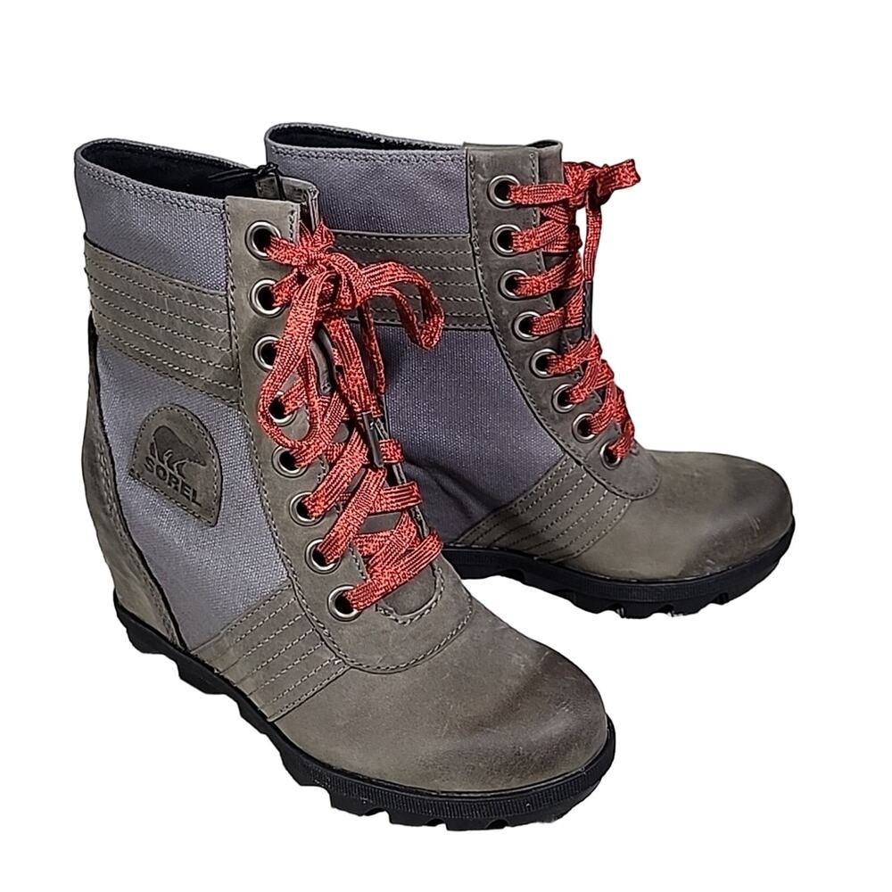 Sorel Lexie Wedge Quarry Grey Leather Boot Womens Size 5.5 NEW